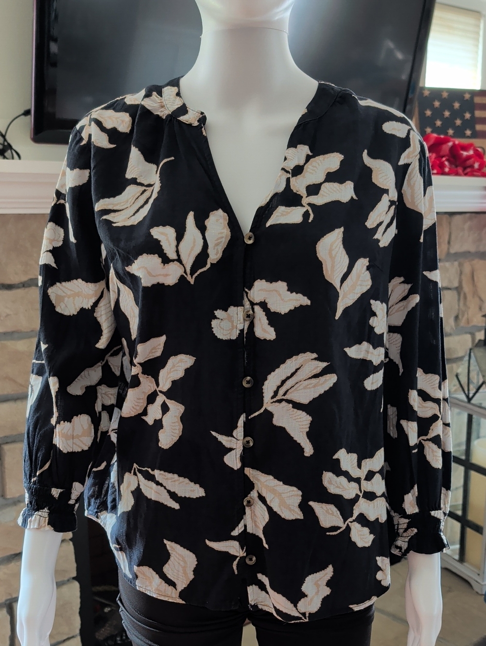 Sonoma Black Blouse with Cream Floral Print
